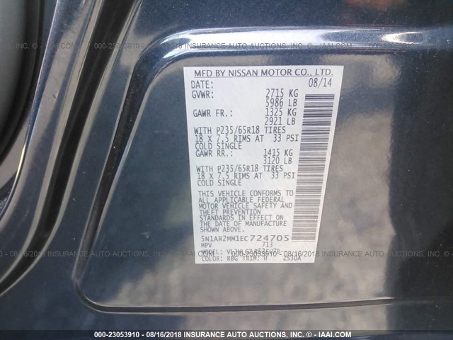 5N1AR2MM1EC724705 - 2014 NISSAN PATHFINDER S/SV/SL/PLATINUM BLUE photo 9