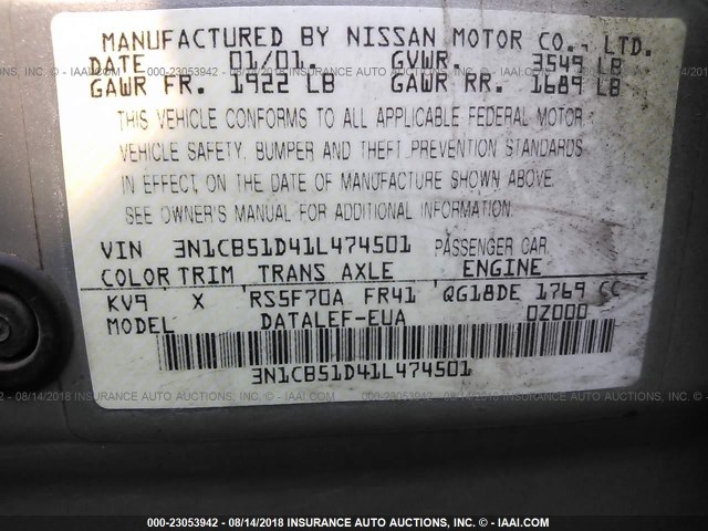 3N1CB51D41L474501 - 2001 NISSAN SENTRA XE/GXE GRAY photo 9