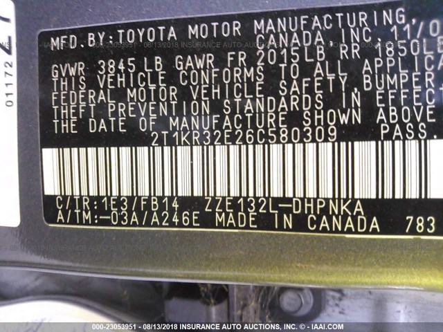 2T1KR32E26C580309 - 2006 TOYOTA COROLLA MATRIX XR GRAY photo 9