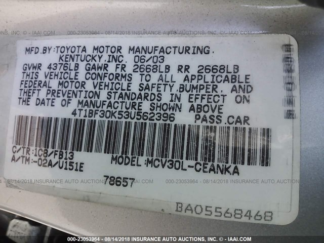 4T1BF30K53U562396 - 2003 TOYOTA CAMRY LE/XLE/SE Gümüş foto 9