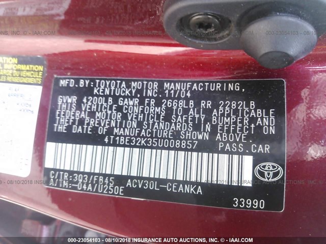 4T1BE32K35U008857 - 2005 TOYOTA CAMRY LE/XLE/SE RED photo 9