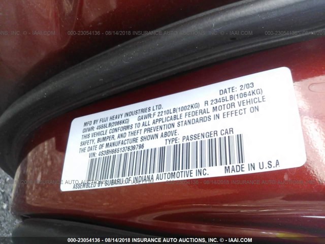 4S3BH665137639796 - 2003 SUBARU LEGACY OUTBACK RED photo 9