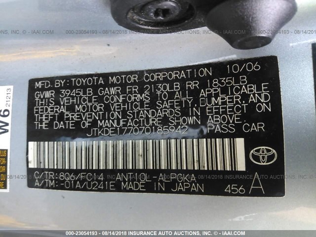 JTKDE177070185942 - 2007 TOYOTA SCION TC 浅蓝色 照片 9