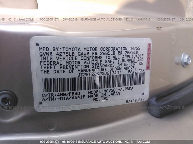 JT2BF22K2X0213407 - 1999 TOYOTA CAMRY LE/XLE BEIGE photo 9