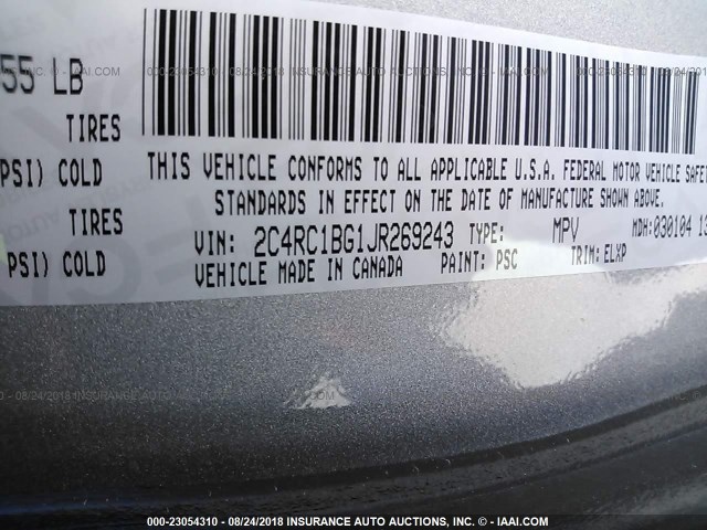 2C4RC1BG1JR269243 - 2018 CHRYSLER PACIFICA TOURING L GRAY photo 9