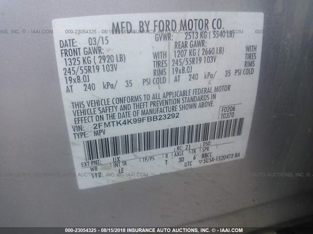 2FMTK4K99FBB23292 - 2015 FORD EDGE TITANIUM SILVER photo 9