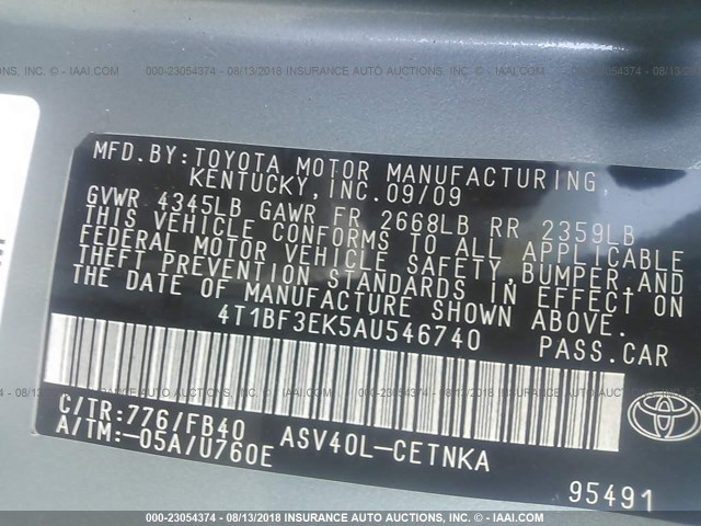 4T1BF3EK5AU546740 - 2010 TOYOTA CAMRY SE/LE/XLE ტურკოუსი ფოტო 9