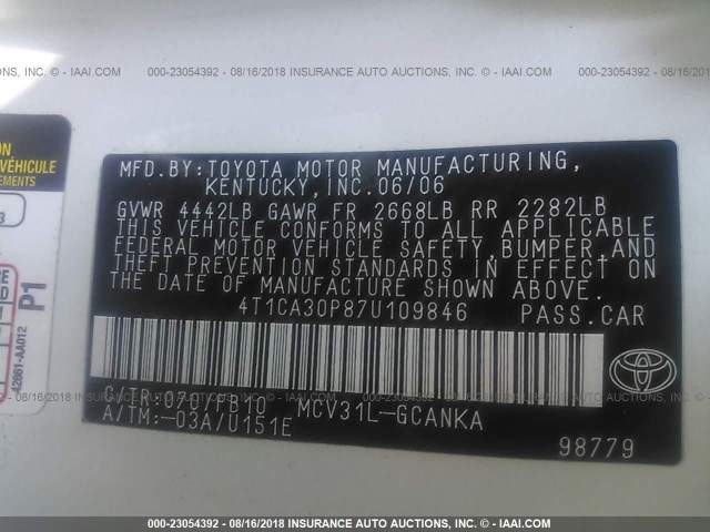 4T1CA30P87U109846 - 2007 TOYOTA CAMRY SOLARA SE/SLE თეთრი ფოტო 9