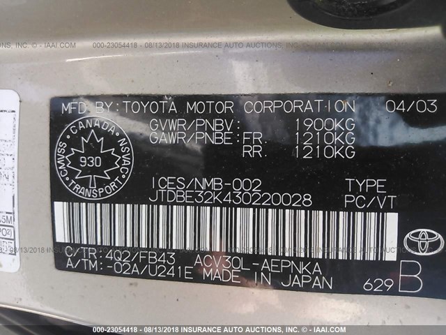 JTDBE32K430220028 - 2003 TOYOTA CAMRY LE/XLE TAN photo 9