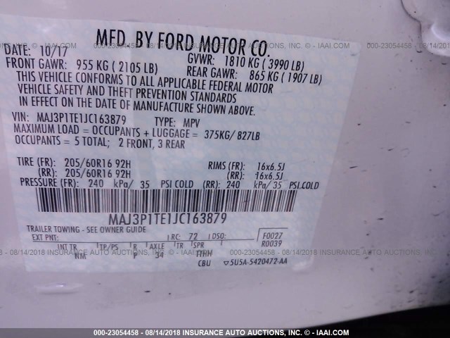MAJ3P1TE1JC163879 - 2018 FORD ECOSPORT SE WHITE photo 9