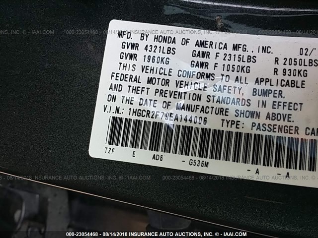 1HGCR2F79EA144006 - 2014 HONDA ACCORD EX GREEN photo 9