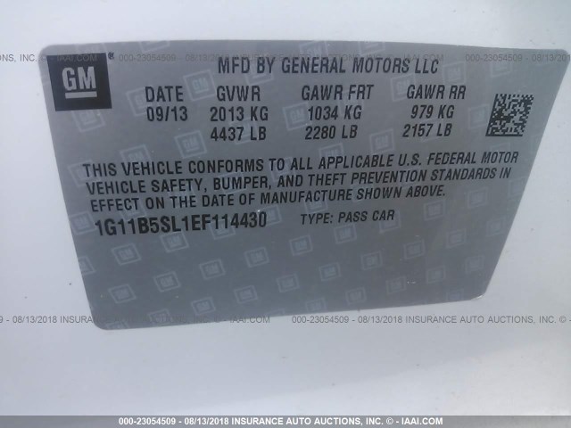 1G11B5SL1EF114430 - 2014 CHEVROLET MALIBU LS WHITE photo 9