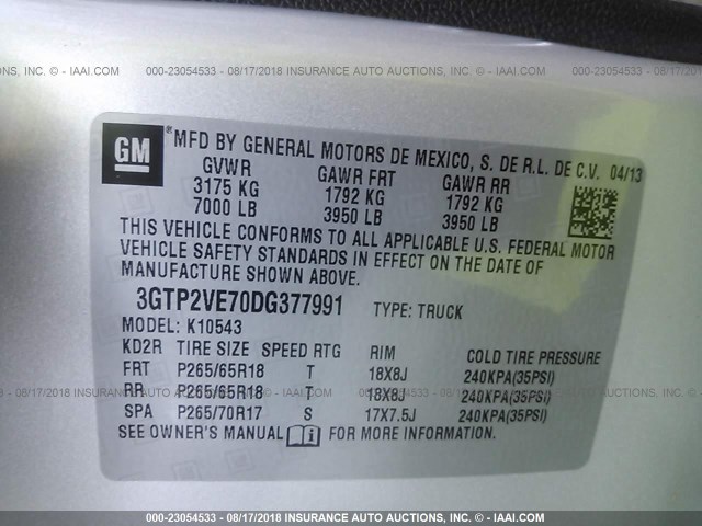 3GTP2VE70DG377991 - 2013 GMC SIERRA K1500 SLE SILVER photo 9