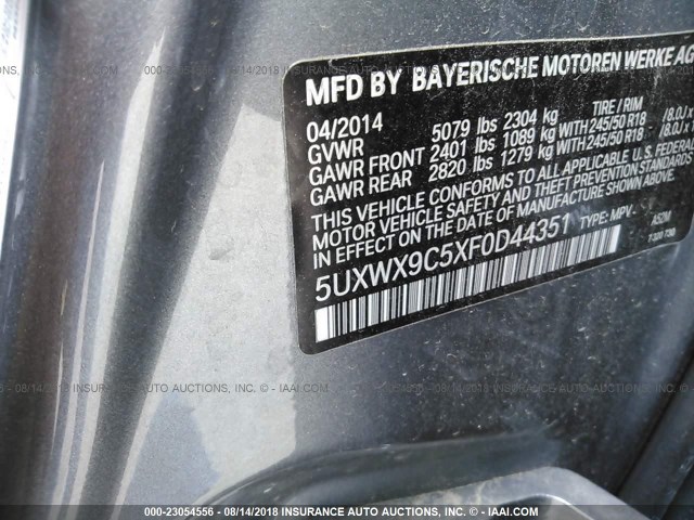 5UXWX9C5XF0D44351 - 2015 BMW X3 XDRIVE28I GRAY photo 9