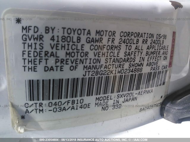 JT2BG22K1W0234888 - 1998 TOYOTA CAMRY CE/LE/XLE 白色 照片 9