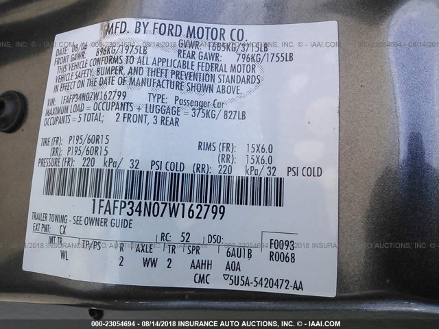 1FAFP34N07W162799 - 2007 FORD FOCUS ZX4/S/SE/SES 灰色 照片 9