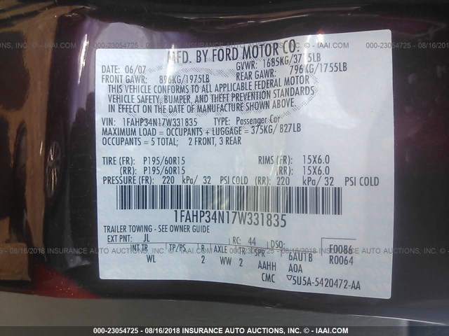 1FAHP34N17W331835 - 2007 FORD FOCUS ZX4/S/SE/SES 勃艮第红 照片 9