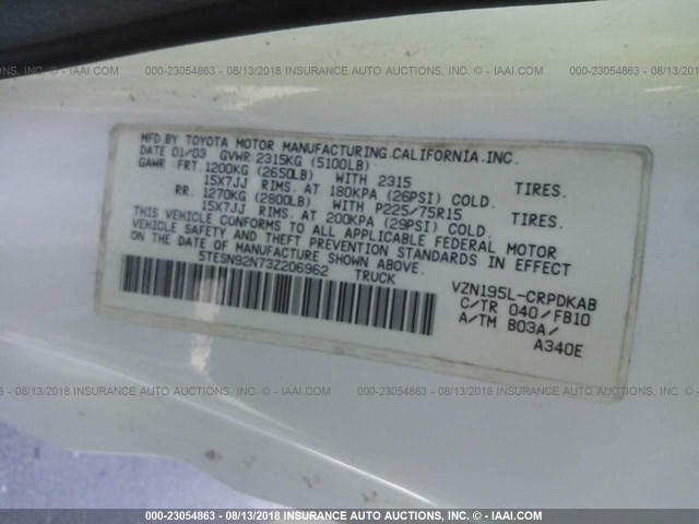 5TESN92N73Z206962 - 2003 TOYOTA TACOMA XTRACAB PRERUNNER 白色 照片 9