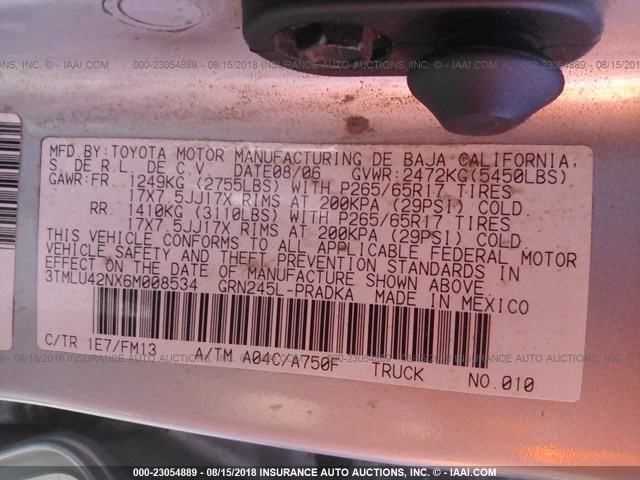 3TMLU42NX6M008534 - 2006 TOYOTA TACOMA DOUBLE CAB SILVER photo 9