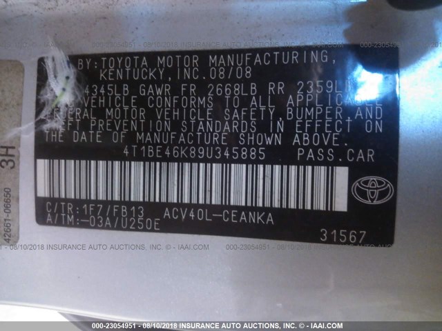 4T1BE46K89U345885 - 2009 TOYOTA CAMRY SE/LE/XLE 银色 照片 9