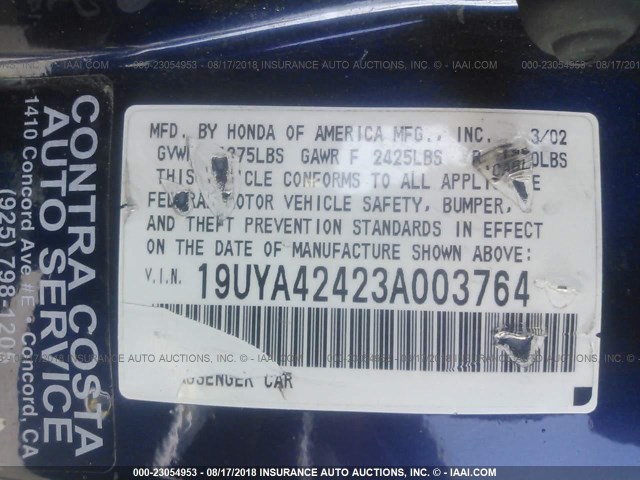 19UYA42423A003764 - 2003 ACURA 3.2CL BLUE photo 9