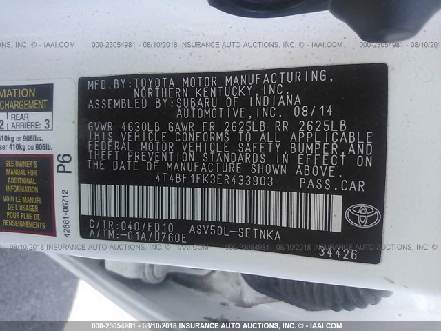 4T4BF1FK3ER433903 - 2014 TOYOTA CAMRY L/SE/LE/XLE 白色 照片 9