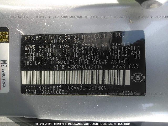 4T1BK46K47U047114 - 2007 TOYOTA CAMRY NEW GENERAT LE/XLE/SE SILVER photo 9