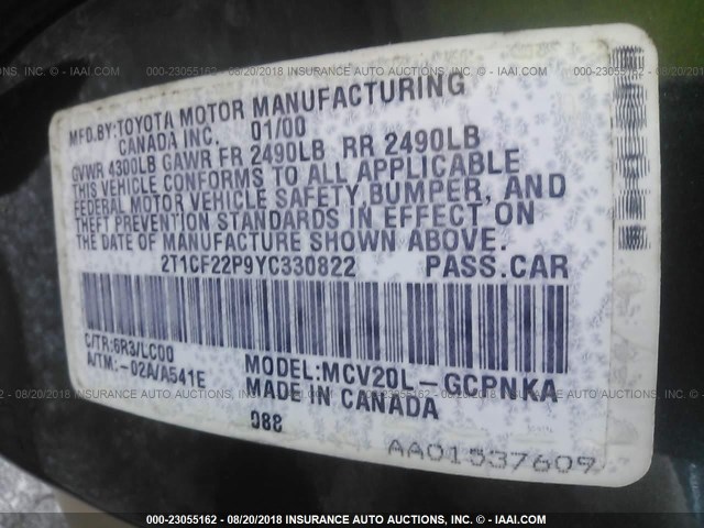 2T1CF22P9YC330822 - 2000 TOYOTA CAMRY SOLARA SE/SLE Yaşıl foto 9