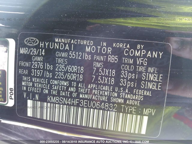 KM8SN4HF3EU064832 - 2014 HYUNDAI SANTA FE BLACK photo 9