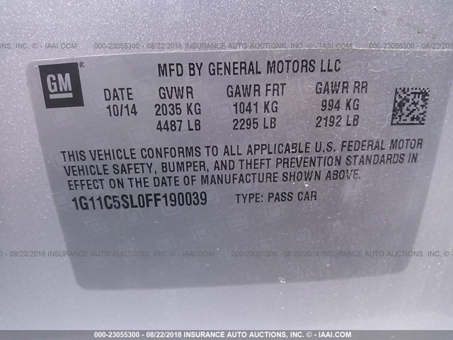 1G11C5SL0FF190039 - 2015 CHEVROLET MALIBU 1LT SILVER photo 9