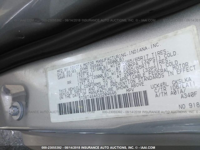 5TDBT48A63S204646 - 2003 TOYOTA SEQUOIA LIMITED GRAY photo 9