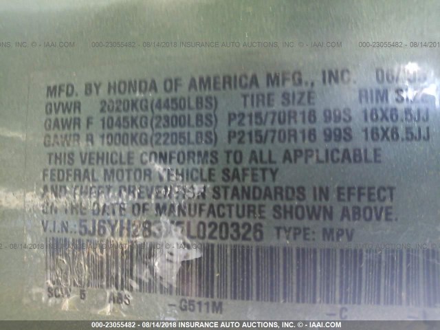 5J6YH283X5L020326 - 2005 HONDA ELEMENT LX GREEN photo 9