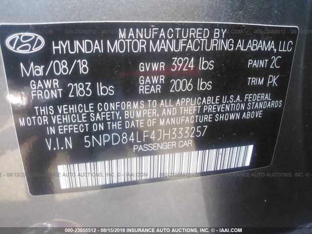 5NPD84LF4JH333257 - 2018 HYUNDAI ELANTRA SEL/VALUE/LIMITED GRAY photo 9