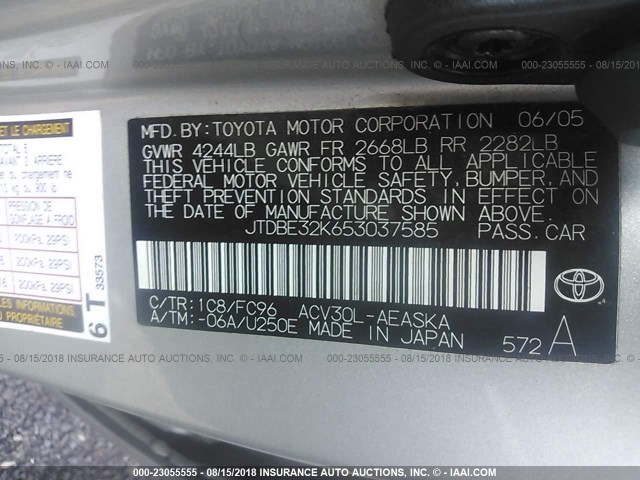 JTDBE32K653037585 - 2005 TOYOTA CAMRY LE/XLE/SE 银色 照片 9