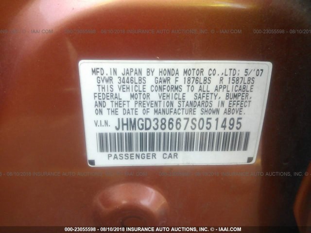 JHMGD38667S051495 - 2007 HONDA FIT S ORANGE photo 9