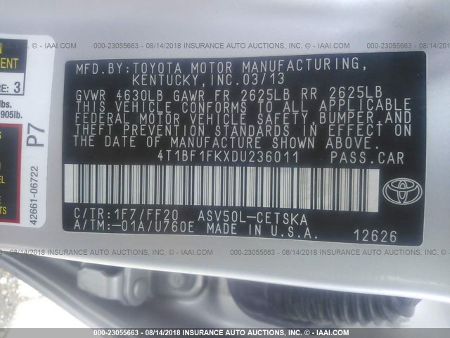 4T1BF1FKXDU236011 - 2013 TOYOTA CAMRY L/SE/LE/XLE Gümüş foto 9