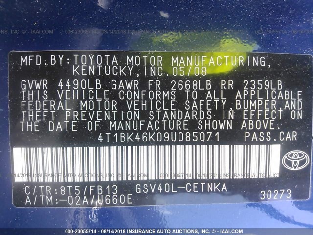 4T1BK46K09U085071 - 2009 TOYOTA CAMRY SE/LE/XLE BLUE photo 9