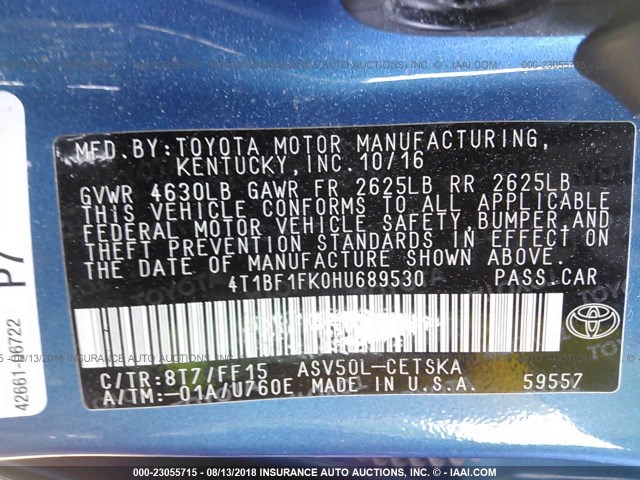 4T1BF1FK0HU689530 - 2017 TOYOTA CAMRY LE/XLE/SE/XSE BLUE photo 9