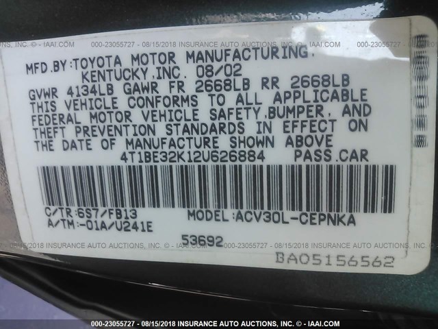 4T1BE32K12U626884 - 2002 TOYOTA CAMRY LE/XLE/SE 绿色 照片 9