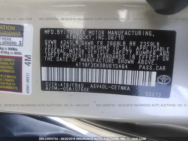 4T1BF3EK0BU615464 - 2011 TOYOTA CAMRY SE/LE/XLE 金色 照片 9