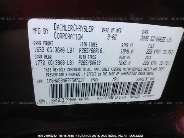 1A8HW58N67F507337 - 2007 CHRYSLER ASPEN LIMITED MAROON photo 9