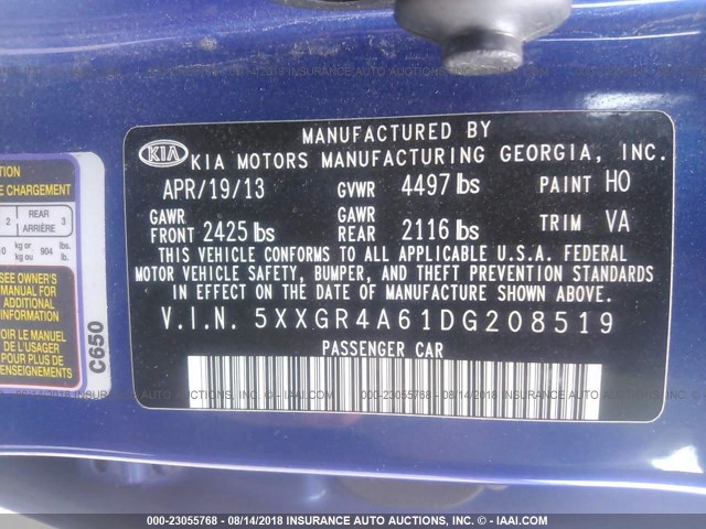 5XXGR4A61DG208519 - 2013 KIA OPTIMA SX BLUE photo 9