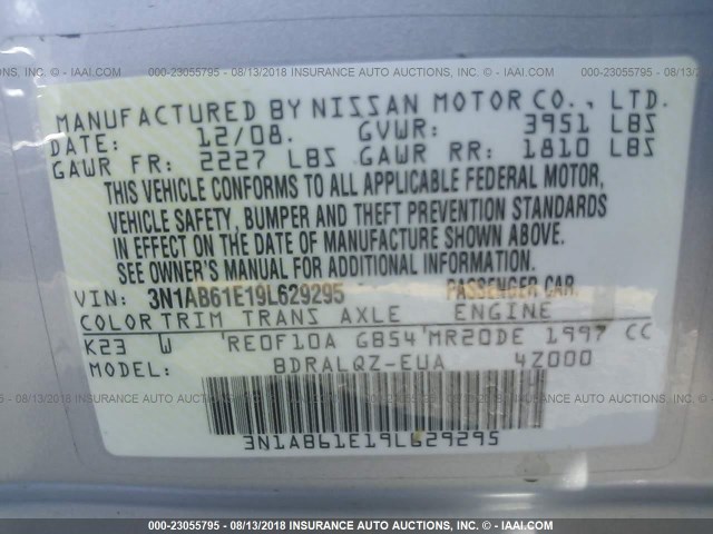 3N1AB61E19L629295 - 2009 NISSAN SENTRA 2.0/2.0S/2.0SL SILVER photo 9