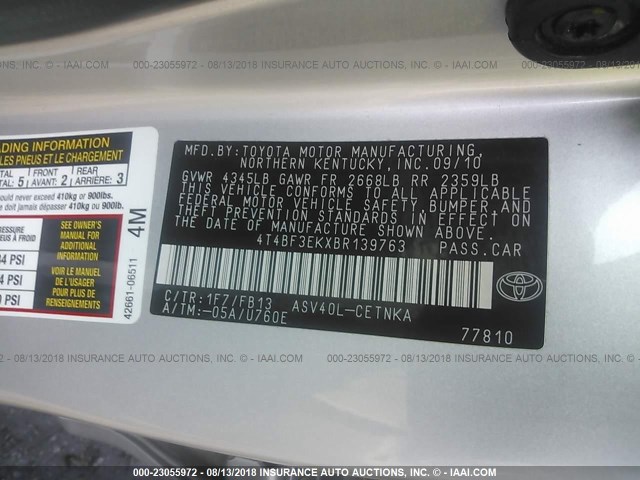 4T4BF3EKXBR139763 - 2011 TOYOTA CAMRY SE/LE/XLE ვერცხლისფერი ფოტო 9