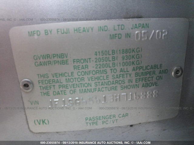 JF1SG65613H716888 - 2003 SUBARU FORESTER 2.5XS SILVER photo 9