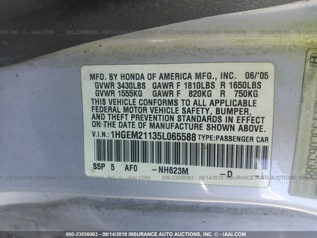 1HGEM21135L065588 - 2005 HONDA CIVIC DX VP SILVER photo 9