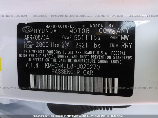 KMHGN4JE8FU020270 - 2015 HYUNDAI GENESIS 3.8L WHITE photo 9