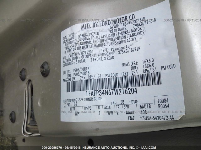 1FAFP34N67W216204 - 2007 FORD FOCUS ZX4/S/SE/SES 金色 照片 9