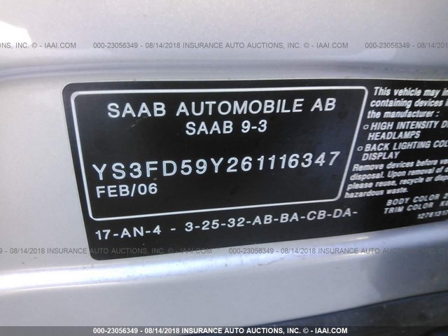 YS3FD59Y261116347 - 2006 SAAB 9-3 SILVER photo 9