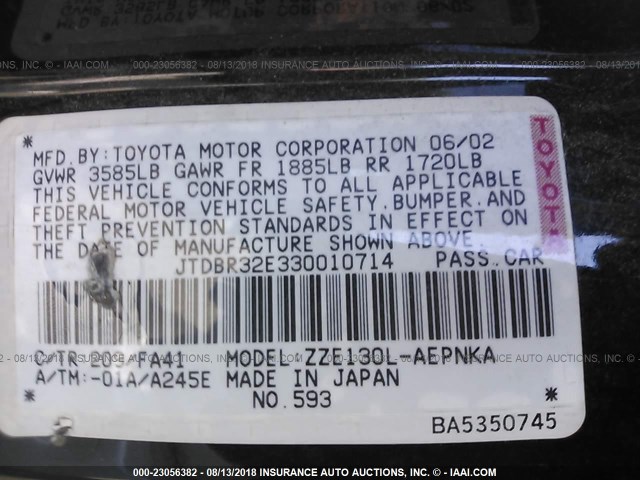 JTDBR32E330010714 - 2003 TOYOTA COROLLA CE/LE BLACK photo 9